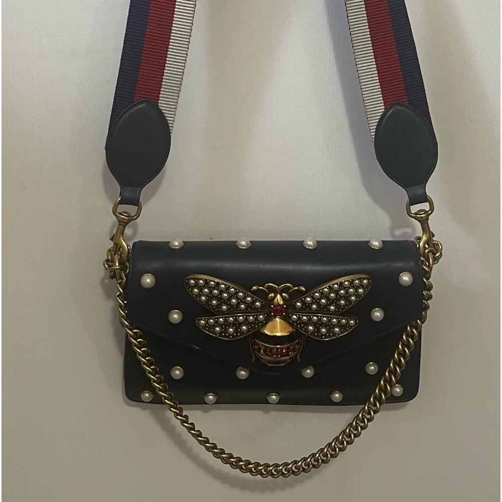 Gucci Broadway Pearly Bee shoulder or clutch bag small.  Navy Italian leather,